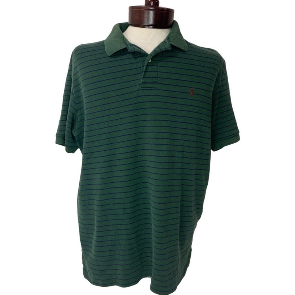 Large Polo by Ralph Lauren Mens Green Blue Striped Shirt Short Sleeve